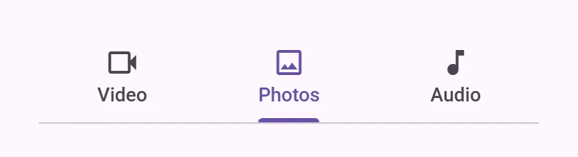 Tabs Tabs labeled Video, Photos and Audio, with Photos selected.