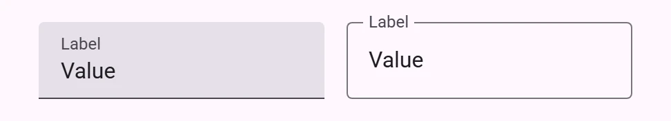 A filled textfield next to an outlined textfield. Both have a value of Value prefilled